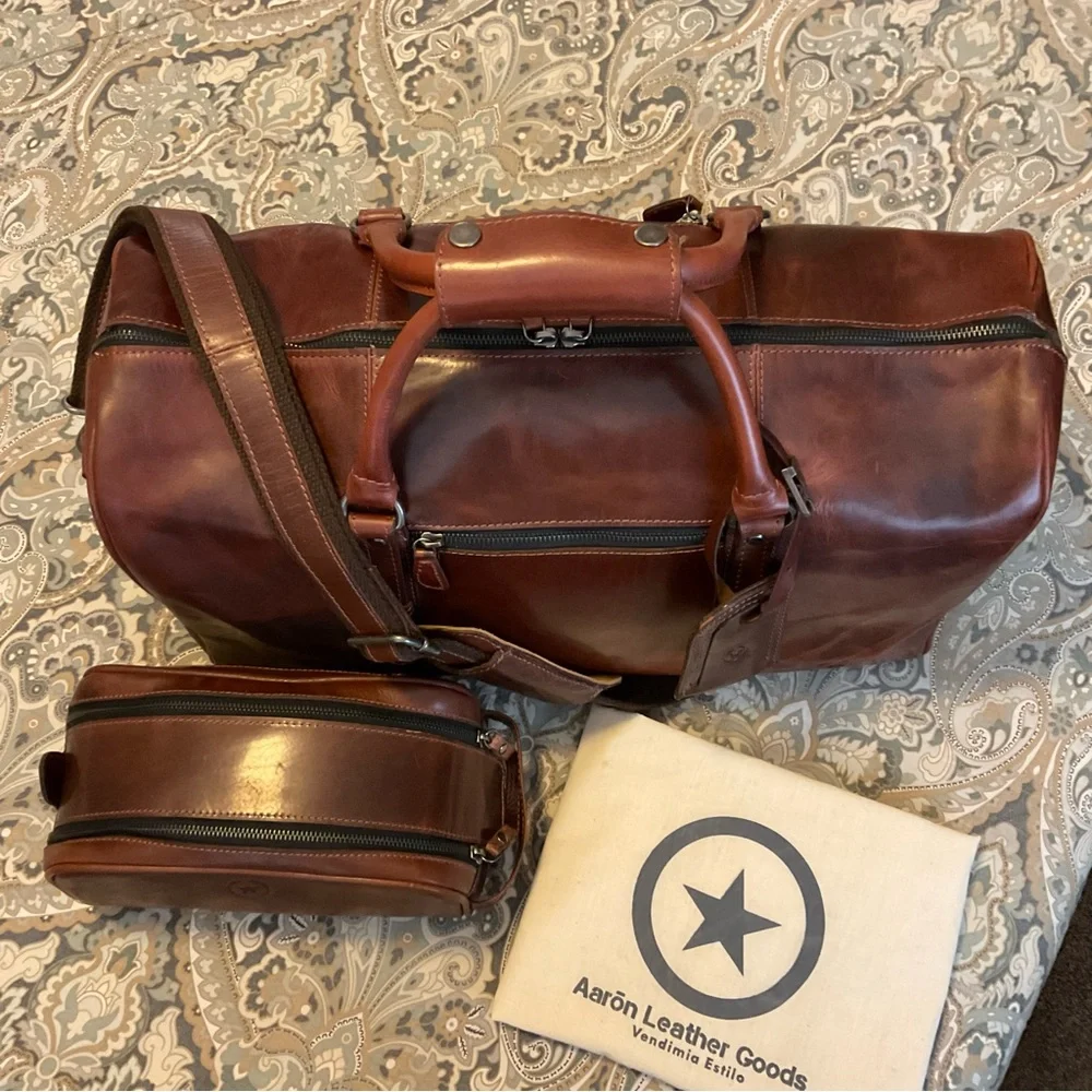 New Aaron Leather Goods Travel Duffle Bag and Toiletry bag